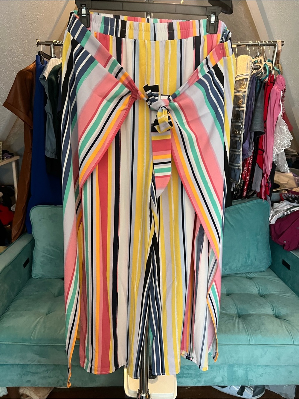 Striped Tie-Front Wide Leg Pants in Multi-Color